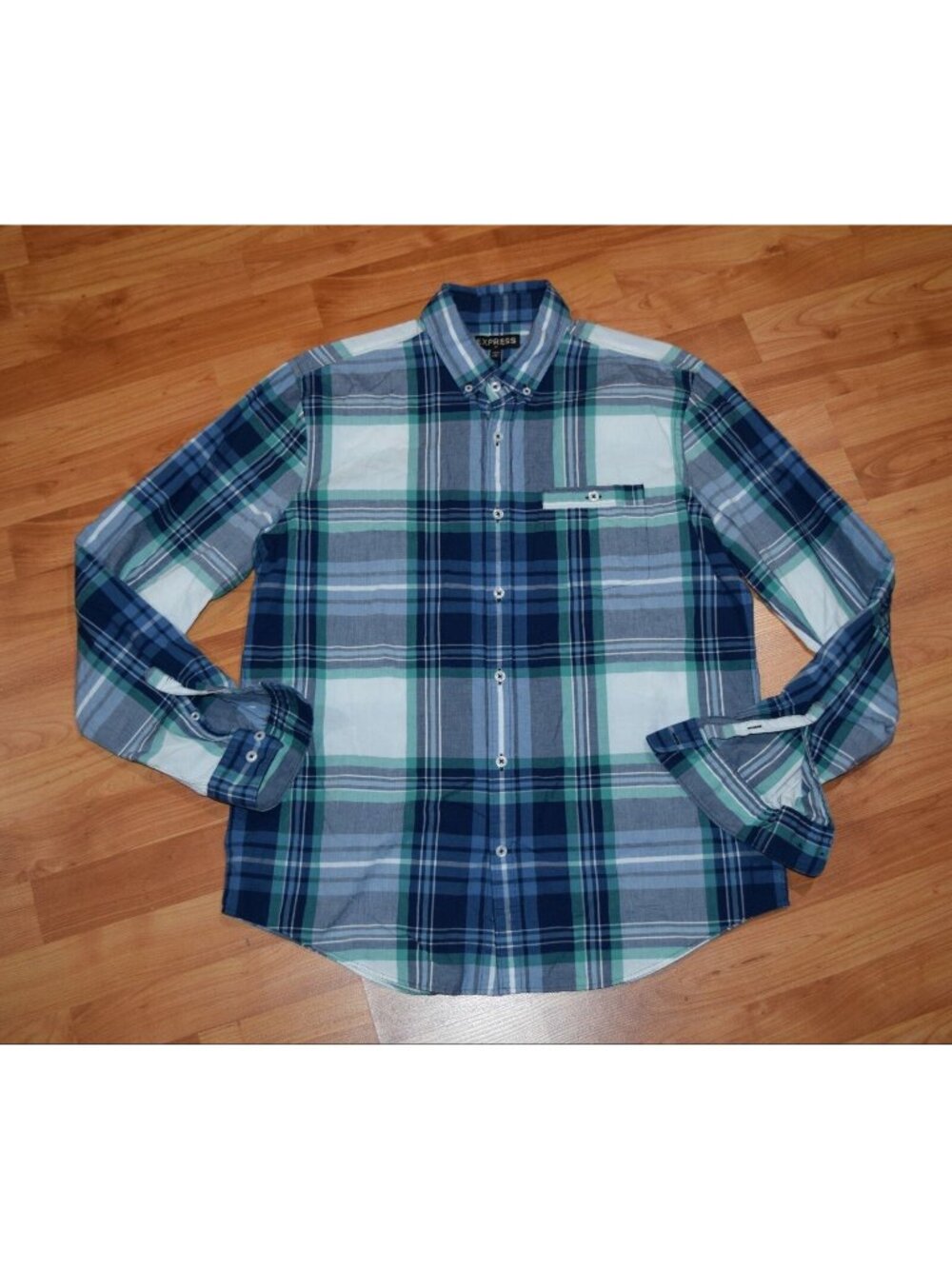 Express Men's Sz L 16-16.5 Blue Plaid Button Front Shirt